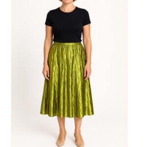Van‎ Klee Chartreuse Green Crinkled Taffeta Gored Midi Skirt Dopamine XS NWT
